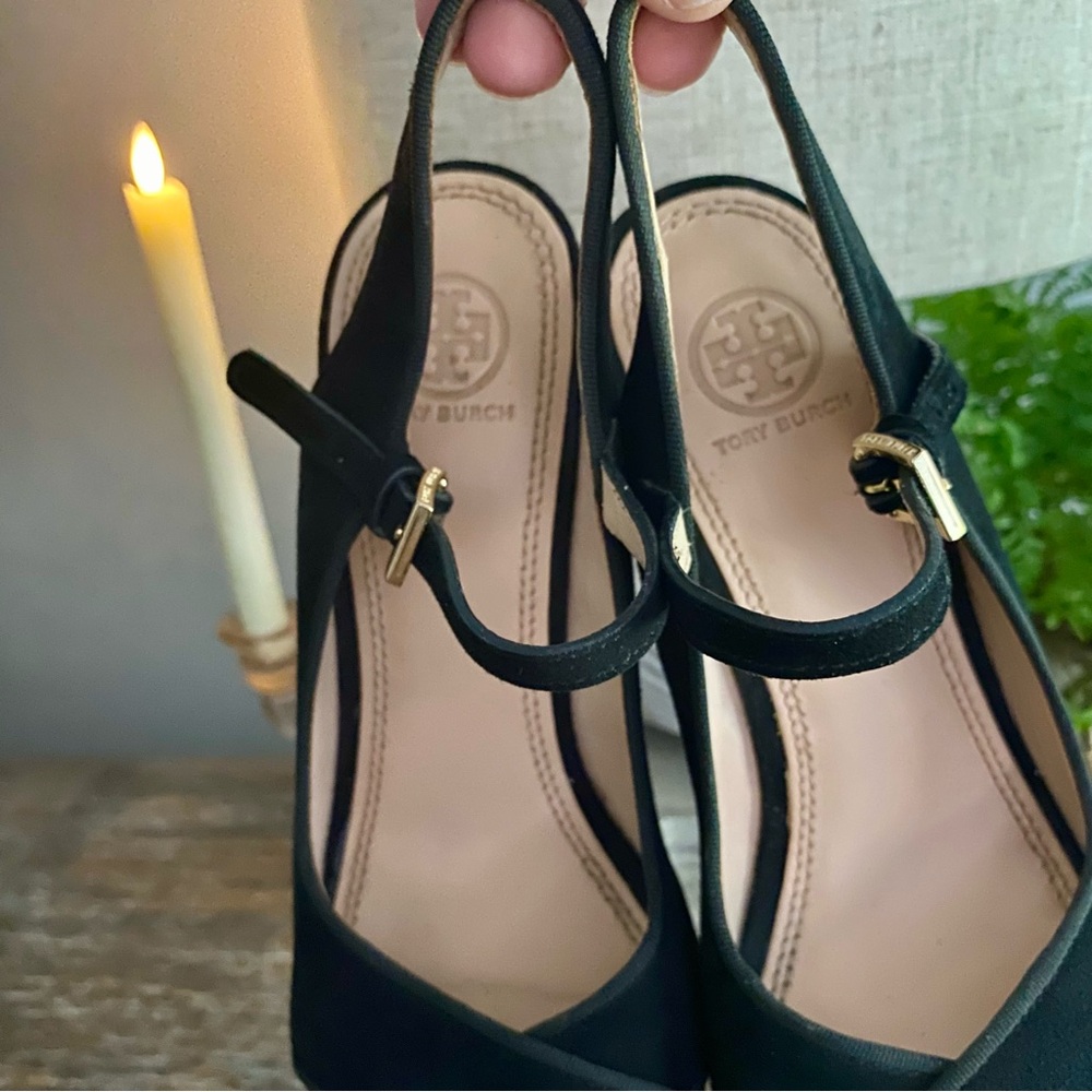 Tory Burch Ollie Black Suede Platform Wedge Slingback Heel Sandals Womens 8 M - Picture 12 of 15